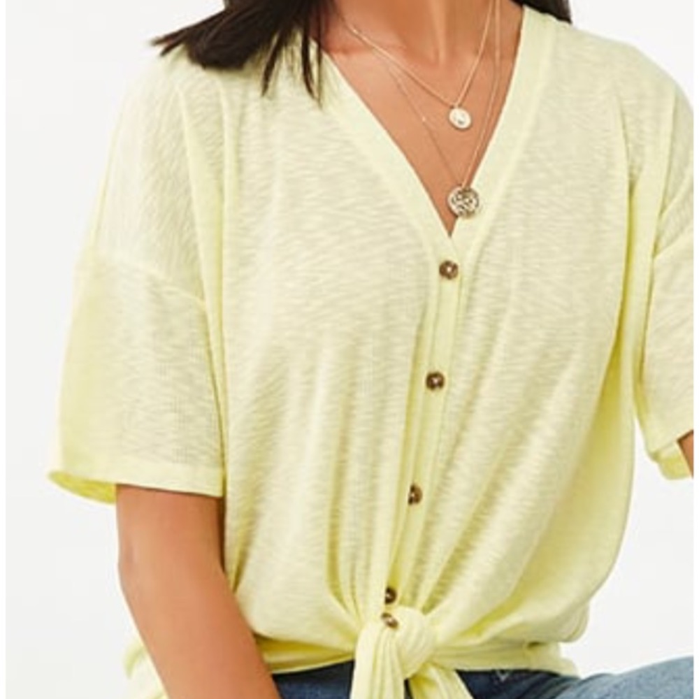 Yellow cute flowy light V-Neck Button-Front Top